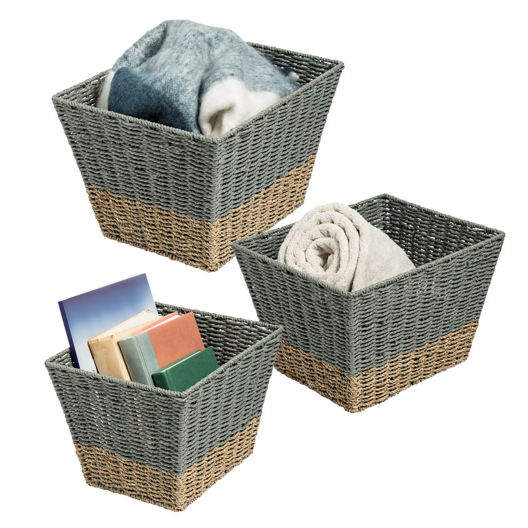 Set of 3 Square Nesting Seagrass 2-Color Storage Baskets, Natural & Grey