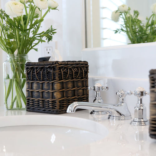 Boutique Wicker Tissue Box Cover in Antique Walnut Brown in master bathroom | The Basket Lady