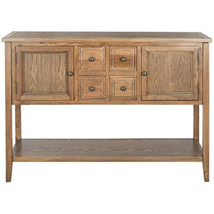 Contemporary Wood Storage Sideboard Console with 4 Drawers 2 Cabinets and Bottom Shelf in Oak Finish