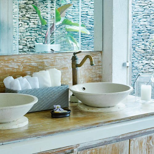 Chevron Weave Toilet Tank Basket on bathroom counter