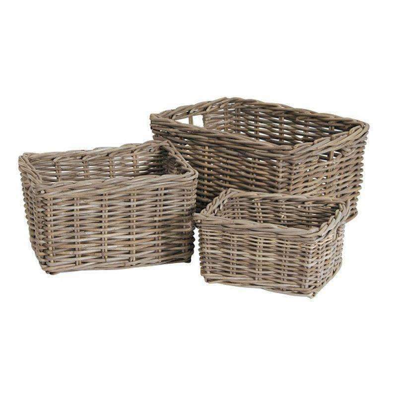 Grey Rectangle Wicker Storage Baskets (Set of 3)