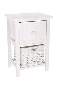 LIVIVO Single White Shabby Chic Style Wooden Bedside Cabinet Table Single Drawer Wicker Storage Basket - No Assembly Required(1)