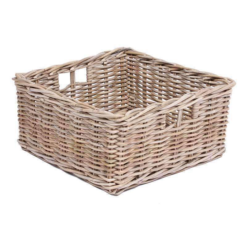 Low Square Wicker Storage Basket with Hole Handles