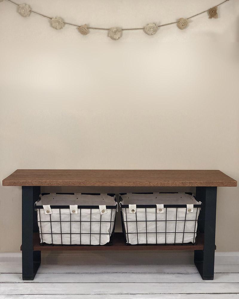 Batsto No. 47 Entryway Bench - Handmade Mahogany Bench with Steel Legs and Storage Baskets