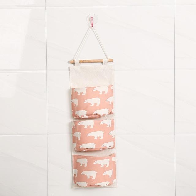 Flamingo Pattern Cotton Linen Hanging Storage Bag 3 Pockets