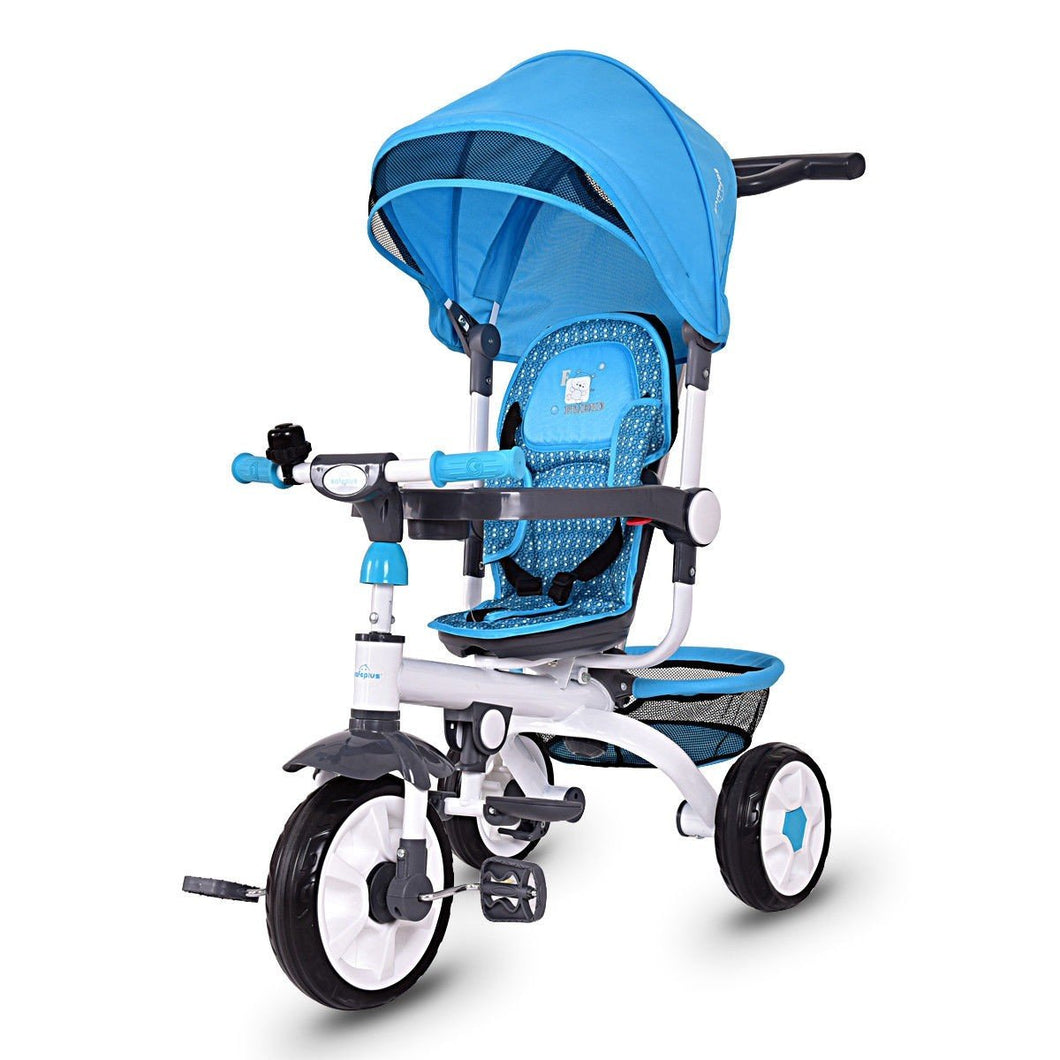 4-In-1 Kids Baby Stroller Tricycle Detachable Learning Toy Bike w/ Canopy Basket-Blue