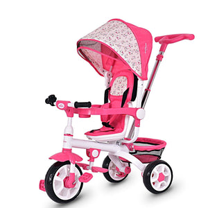 4-In-1 Kids Baby Stroller Tricycle Detachable Learning Toy Bike w/ Canopy Basket-Pink