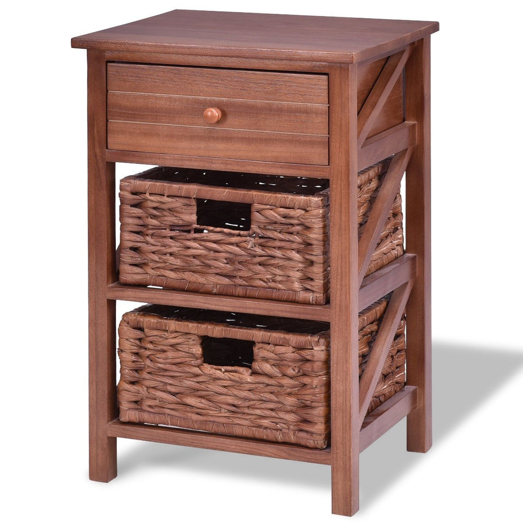 3 Tiers Wood Nightstand w/ 1 Drawer and 2 Basket